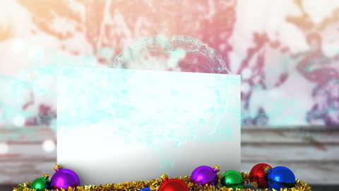 Festive Christmas Card with Ornaments and Falling Snow