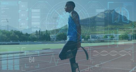 Athlete with running blade and digital tech interface