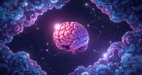 Floating Brain in Cosmic Void with Orbiting Spheres