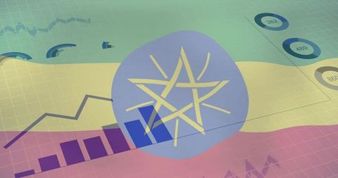 Ethiopia economic data concept with flag colors, analytics charts, and emblem