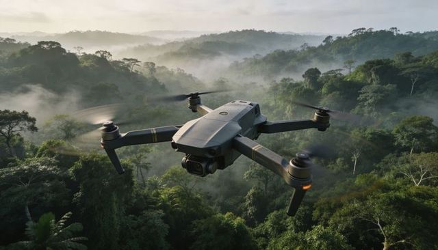 Quadcopter Hovering Above Misty Rainforest Canopy for Aerial Jungle Surveying and Mapping