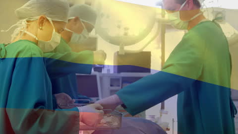 Doctors Performing Operation with Double Exposure of National Flag