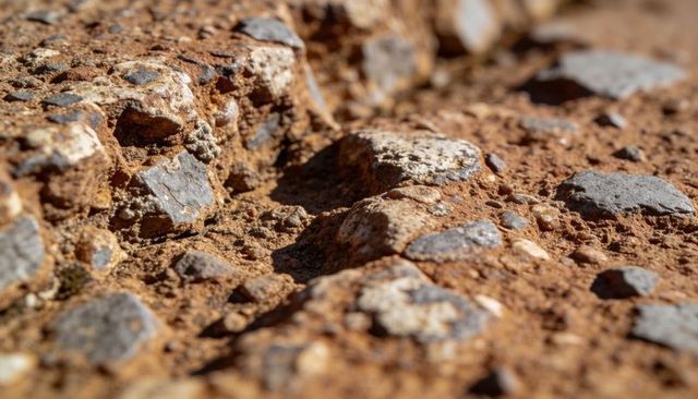 Macro texture of red-brown rocky trail with angular gray pebbles dry arid gravel close-up