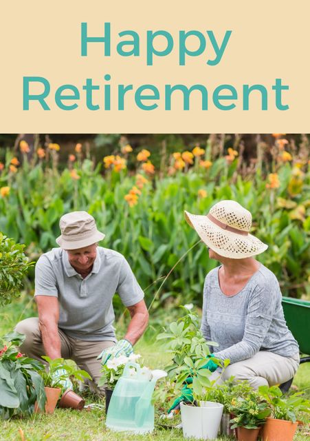 Senior couple engaging in gardening, represents joyful retirement. Ideal for use in advertisements, brochures, blogs and articles focused on retirement lifestyles, elderly wellness, and outdoor leisure activities.