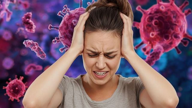 Woman experiencing discomfort with visualized virus surrounding