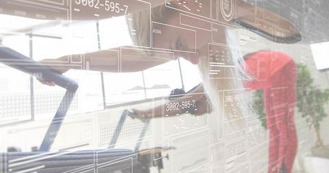 Blonde woman leaning and pushing treadmill while tracking wearable fitness data with hud overlays