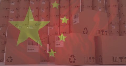 Chinese flag waves over cardboard boxes in warehouse for global shipping