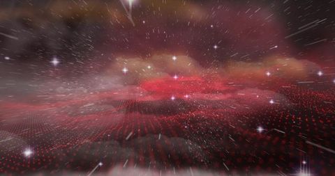 Crimson nebula over futuristic red grid with motion streaks and digital starfield neon