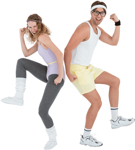 Energetic Hipster Duo in Retro Workout Costumes on Transparent Background