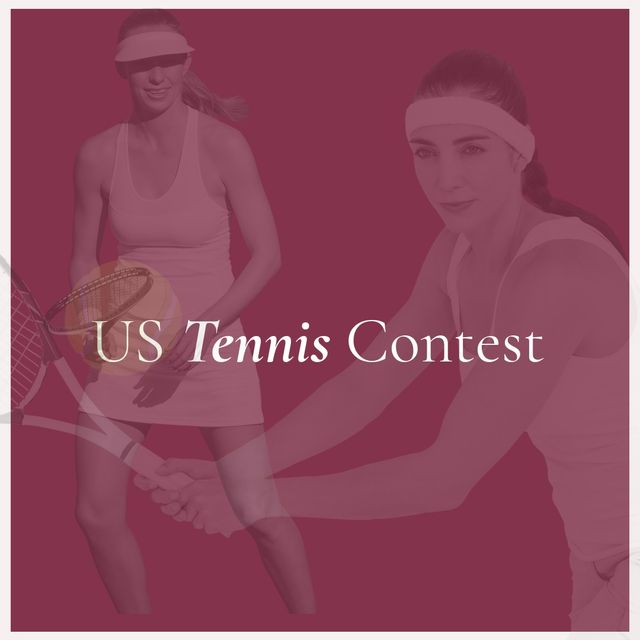 Collage of caucasian young woman playing tennis and us tennis contest text on pink background. Copy space, digital composite, racket, practicing, sport, championship and competition concept.