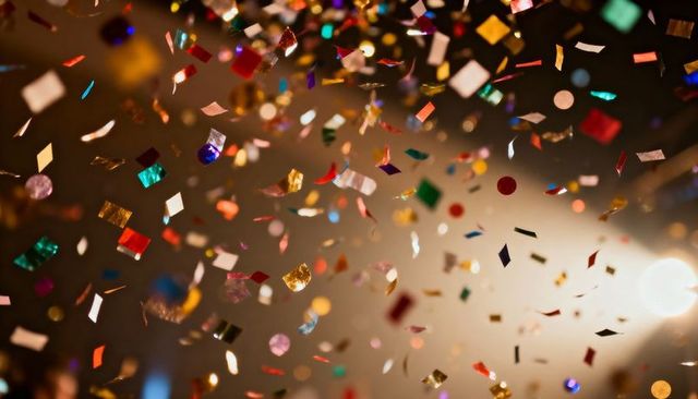 Multicolored metallic confetti falling through stage haze with bright spotlight bokeh