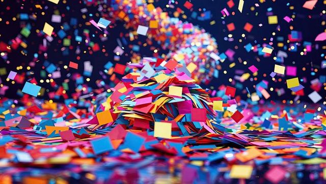 Dynamic Swirl of Colorful Confetti Squares in Motion