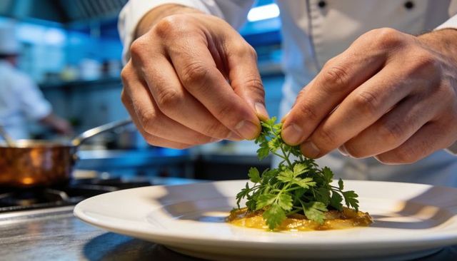 Chef garnishing fine dining plate with fresh parsley, closeup hands plating in kitchen