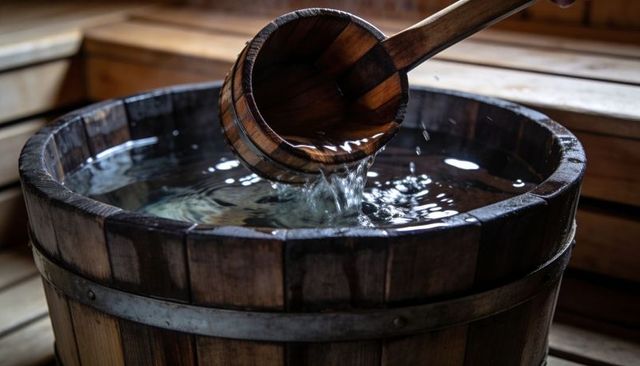 Pouring wooden ladle into rustic sauna tub creating ripples, water droplets and splash