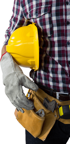 Construction worker holding helmet on transparent background