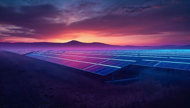 Vast solar panel farm in sunset landscape
