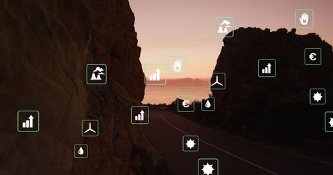 Sustainability Icons Overlay Landscape at Sunset - Download Free Stock Images Pikwizard.com