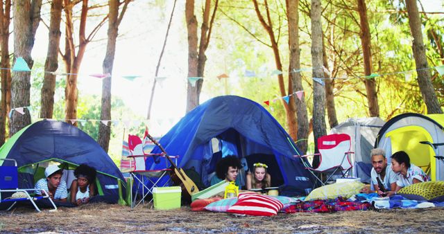 Diverse Young Adults Enjoying Relaxed Camping Trip in Woods - Download Free Stock Images Pikwizard.com