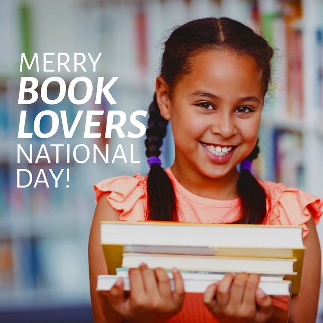 Book lovers national day text over african american girl holding stack of books smiling at library. Book lovers national day awareness concept
