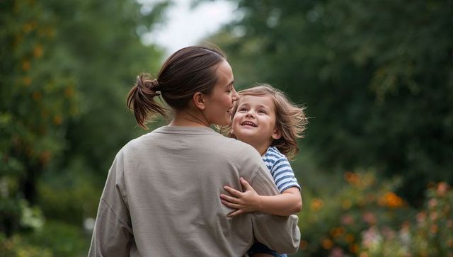 Caregiver holding smiling child in garden sharing joyful moment of parent child bonding