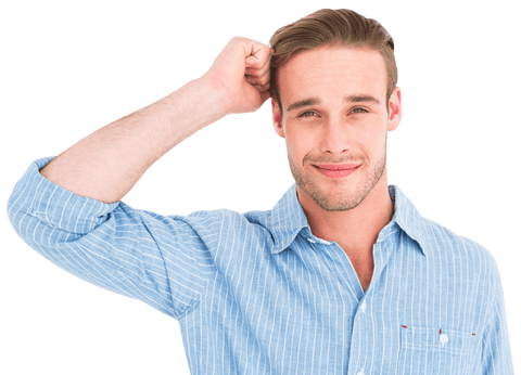 Smiling Man Scratching Head in Blue Striped Shirt on Transparent Background - Download Free Stock Videos Pikwizard.com