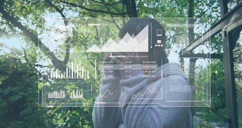 Child hiding face behind glass in sunlit garden wearing sweater with futuristic data HUD overlay