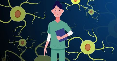 Female Doctor with Anatomical Diagrams of Biological Cells