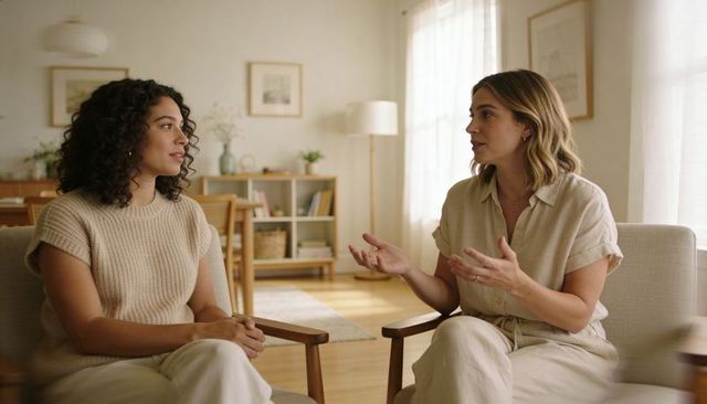 Two women conversing in cozy midcentury living room natural soft light warm dialogue