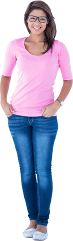 Smiling Woman in Pink Shirt and Glasses on Transparent Background