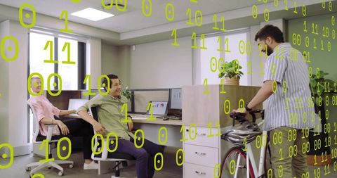 Coworkers Greeting Cyclist Commuter in Modern Workspace with Green Binary Code Overlay
