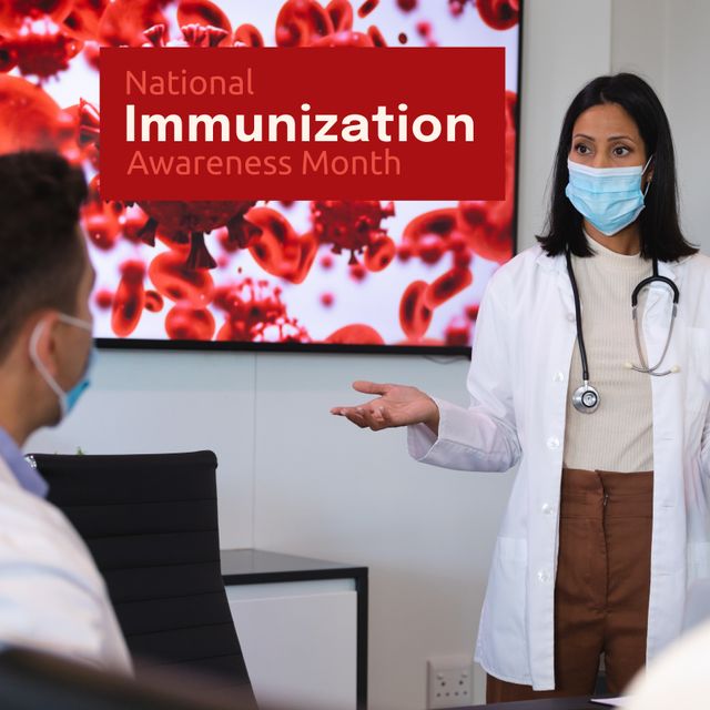 National immunization awareness month text over biracial female doctor with face mask. Immunization awareness, health and prevention concept digitally generated image.