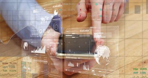 Business hands interacting with augmented analytics on smartphone showing global dashboard