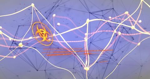 Golden Biohazard Symbol in Futuristic Digital Network