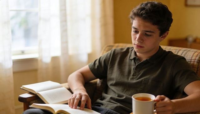 Adolescent reading in cozy armchair with tea and open books by window