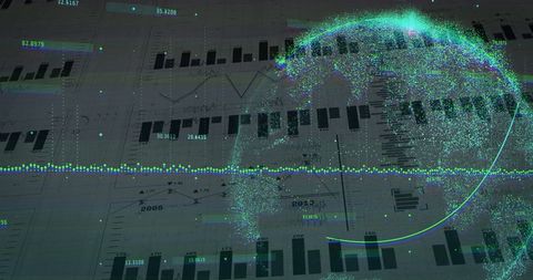 Futuristic Data Globe Overlay with Virtual Analytics Dashboard