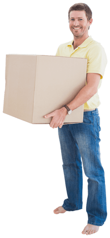 Smiling man holding large cardboard box on transparent background