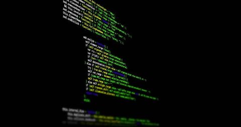 Displaying neon syntax-highlighted code column on black terminal with shallow depth focus