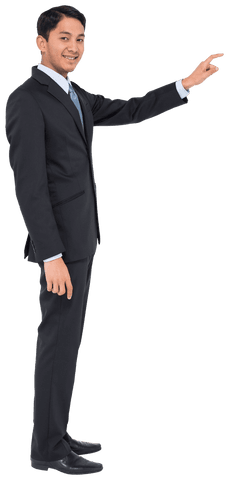 Pointing asian businessman on transparent background full-length