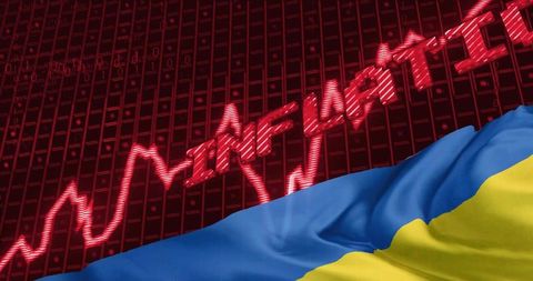 Ukraine inflation surge concept showing national flag alongside rising red market ticker