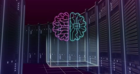 Ai brain hologram over modern data servers