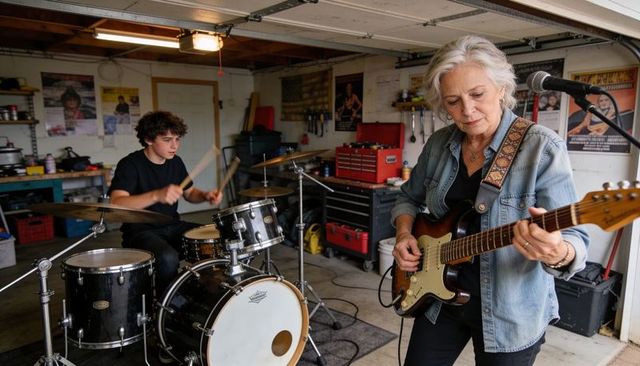 Veteran guitarist mentoring teen drummer in garage rehearsal, candid home music practice scene