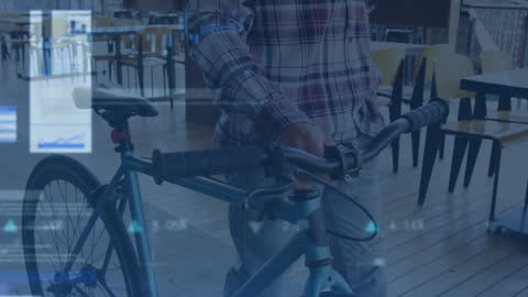 Modern Tech Overlay with Cyclist in Contemporary Cafe