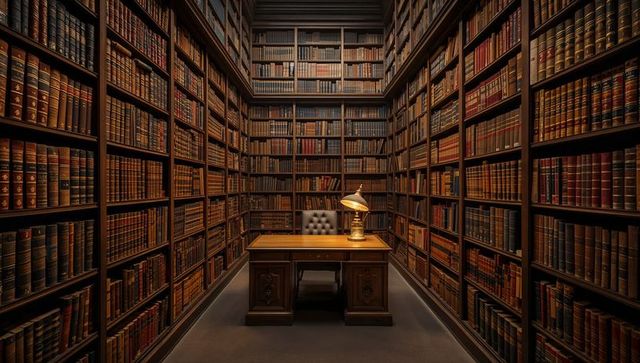 Victorian Private Library with Mahogany Desk, Brass Banker Lamp and Tufted Leather Chair
