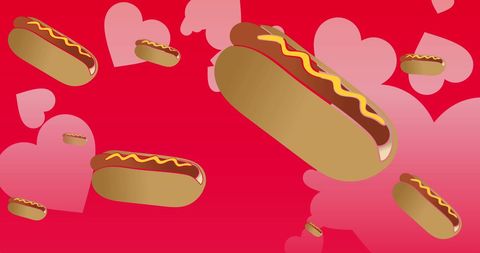 Floating Hotdogs with Pink Hearts on Vibrant Red Background - Download Free Stock Images Pikwizard.com