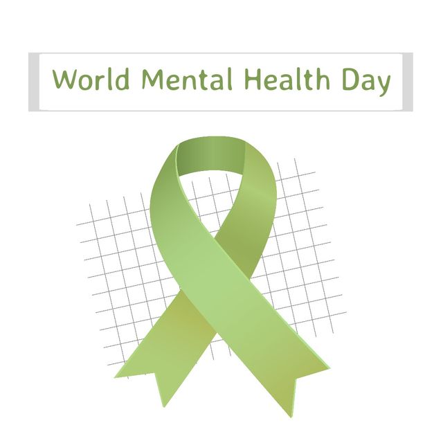 Illustration of green ribbon with world mental health day text on white background, copy space. Vector, mental health education, awareness, advocacy against social stigma, support.