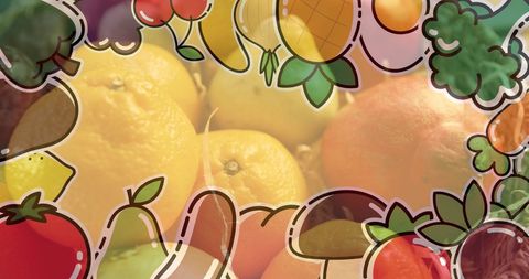 Colorful Illustrative Overlay of Fruits and Vegetables on Lemons