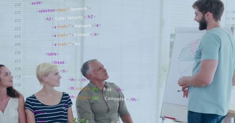 Business Team Meeting with Tech Overlay in Modern Office