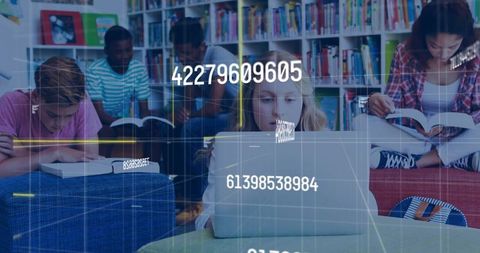 Students are shown engaging with technology and books in library environment, illustrating modern educational practices. This image represents themes of learning, diversity, and collaboration. Suitable for educational websites, digital learning platforms, and school-related materials.