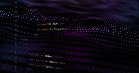 Neon Code Waves Displaying HTML Lines Over Dot-Matrix Gradient for Cybersecurity Concept