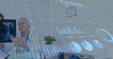 Senior doctor examining x-ray with colleague, clinical analytics overlay supporting diagnosis